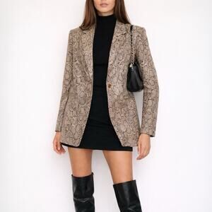 Ronny Kobo Annabelle Snakeskin Print Faux Leather Longline Blazer Jacket M Taupe